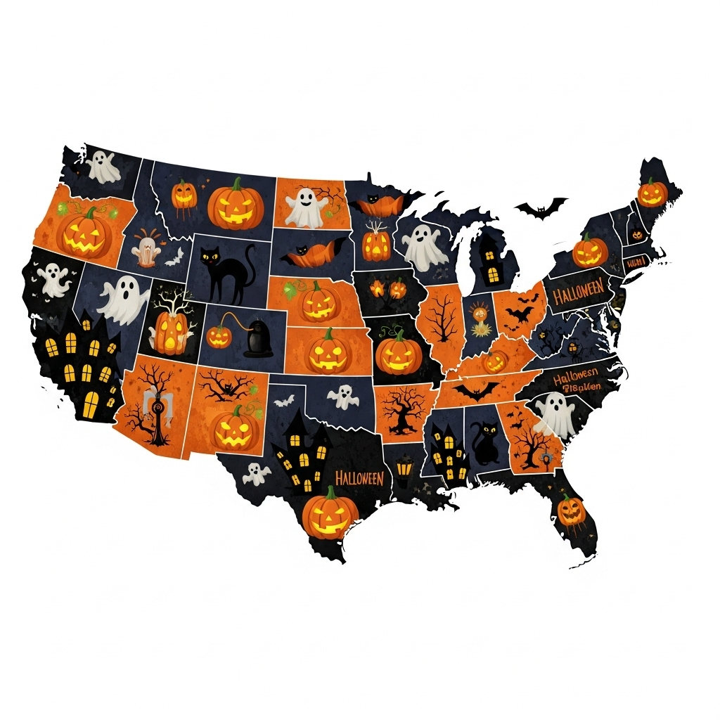 A map of the USA with Halloween icons marking different states or cities