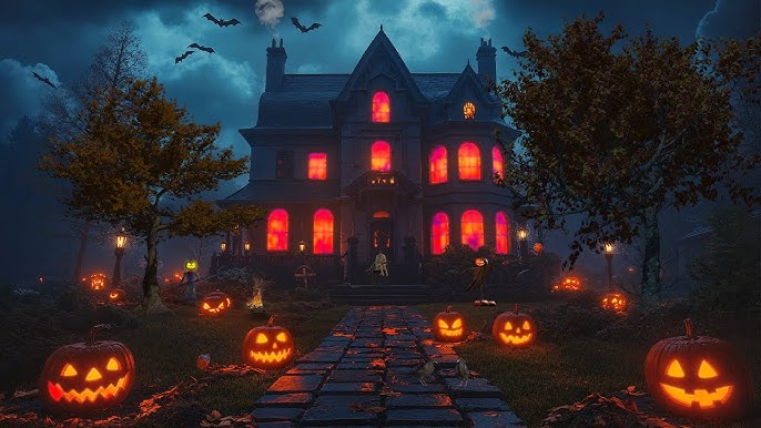 2025 Halloween Events - Haunted house with fog and glowing pumpkins.