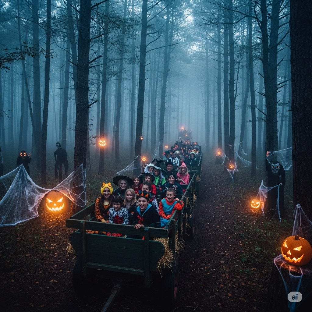 Spooky foggy forest with hayride