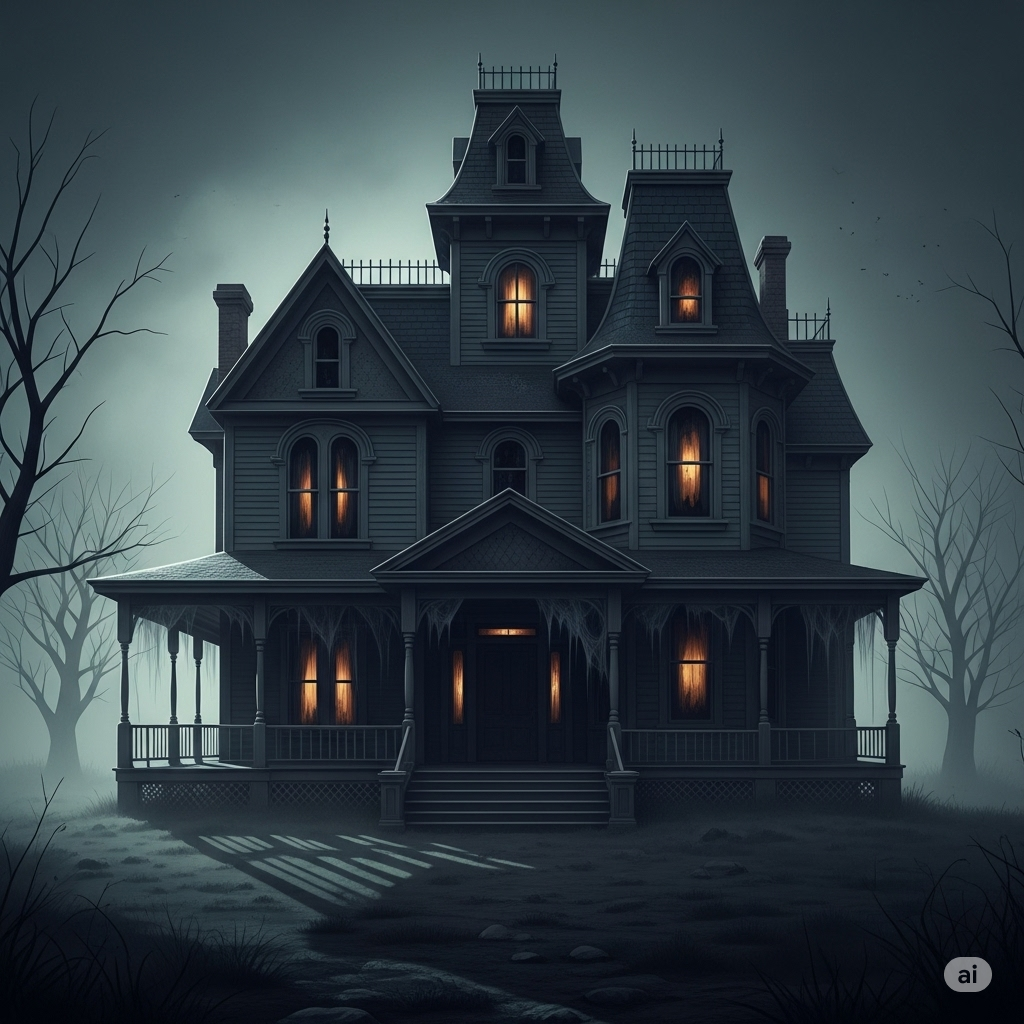 Spooky haunted house with eerie lighting