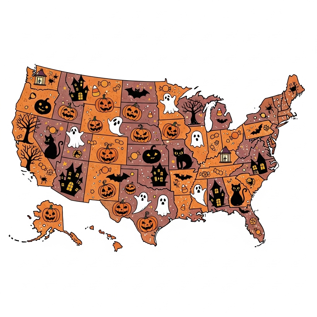 USA map with Halloween icons.